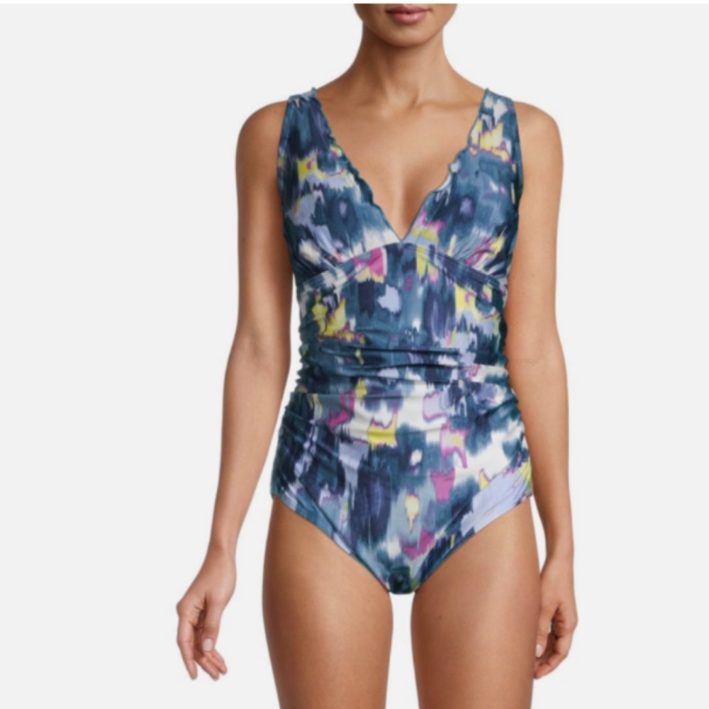 DKNY Printed Ruffle-Trim One-Piece Swimsuit DIOMI658 Multi 14 NWT $118